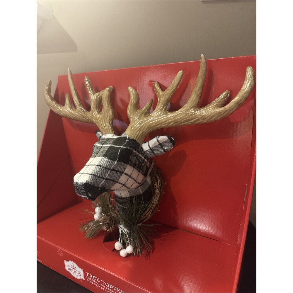 NEW Plaid Reindeer Head Christmas Tree Topper 14" Holiday Time rare HTF - Picture 2 of 8